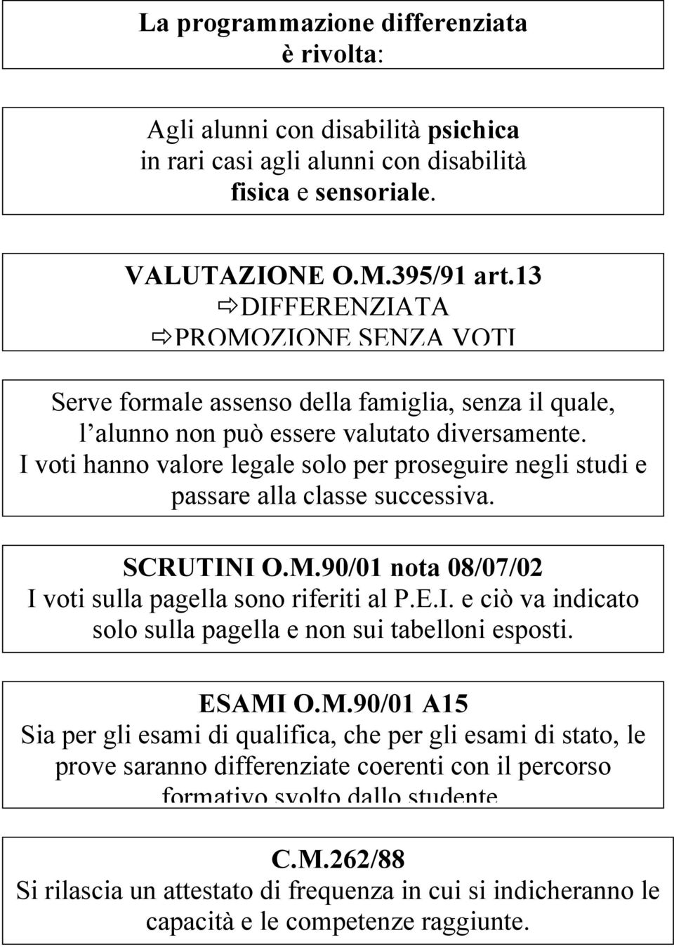 I voti hanno valore legale solo per proseguire negli studi e passare alla classe successiva. SCRUTINI O.M.90/01 nota 08/07/02 I voti sulla pagella sono riferiti al P.E.I. e ciò va indicato solo sulla pagella e non sui tabelloni esposti.