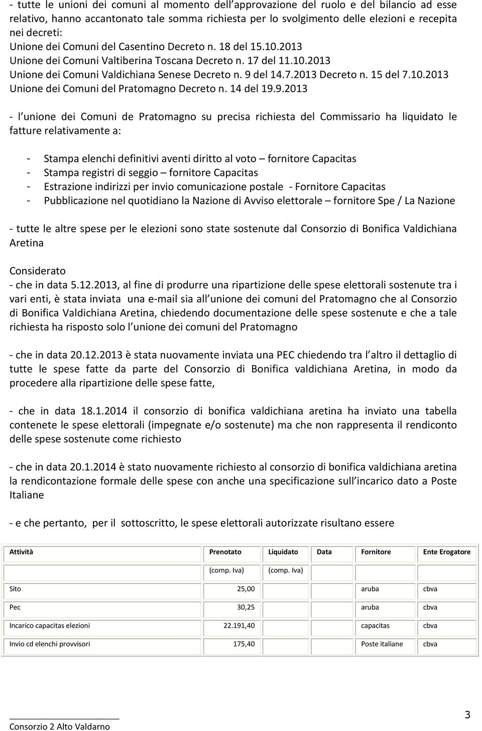 15 del 7.10.2013 Unione dei Comuni del Pratomagno Decreto n. 14 del 19.