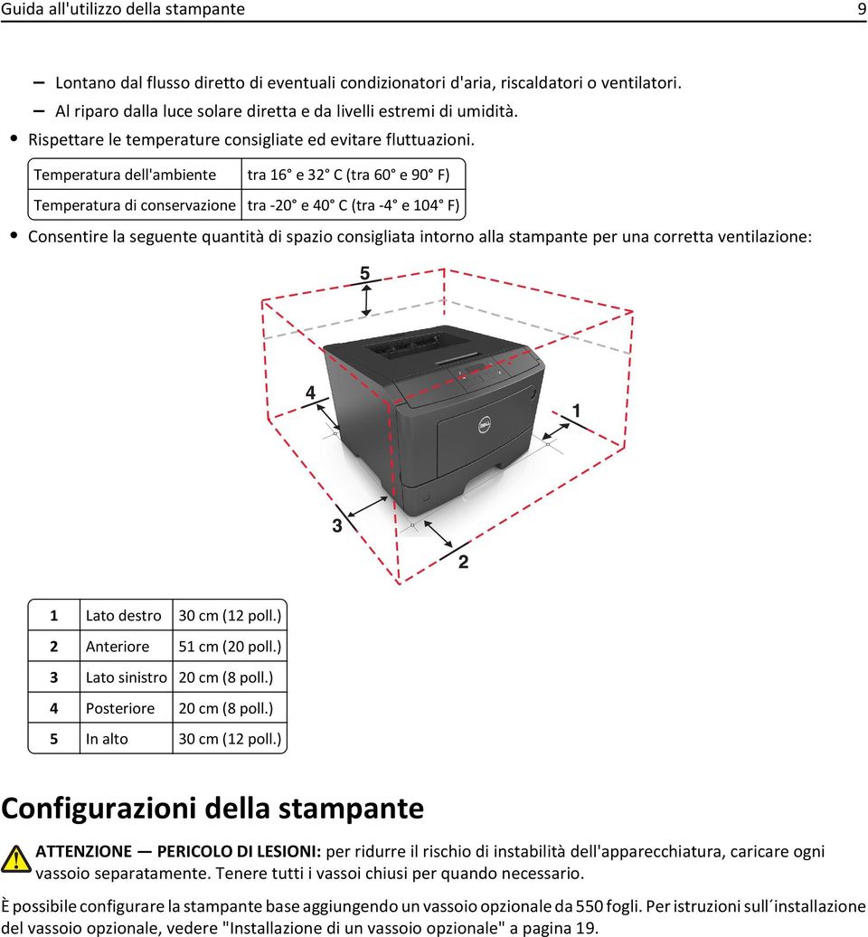 Temperatura dell'ambiente tra 16 e 32 C (tra 60 e 90 F) Temperatura di conservazione tra 20 e 40 C (tra 4 e 104 F) Consentire la seguente quantità di spazio consigliata intorno alla stampante per una