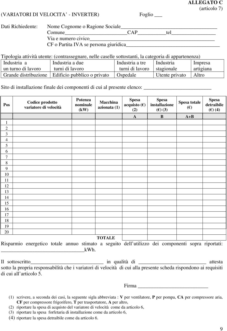 stagionale Impresa artigiana Grande distribuzione Edificio pubblico o privato Ospedale Utente privato Altro Sito di installazione finale dei componenti di cui al presente elenco: Pos Codice prodotto