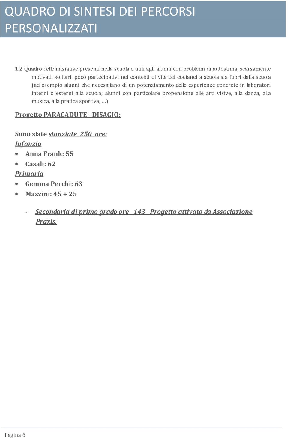 alla scuola; alunni con particolare propensione alle arti visive, alla danza, alla musica, alla pratica sportiva, ) Progetto PARACADUTE DISAGIO: Sono state stanziate