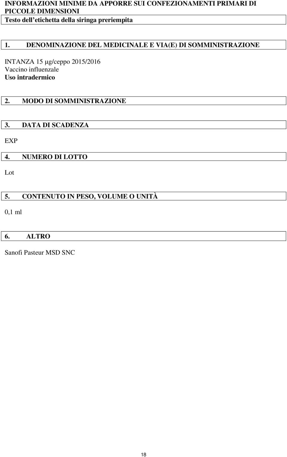 DENOMINAZIONE DEL MEDICINALE E VIA(E) DI SOMMINISTRAZIONE INTANZA 15 µg/ceppo 2015/2016 Vaccino