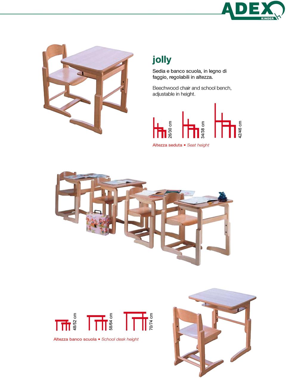 Beechwood chair and school bench, adjustable in