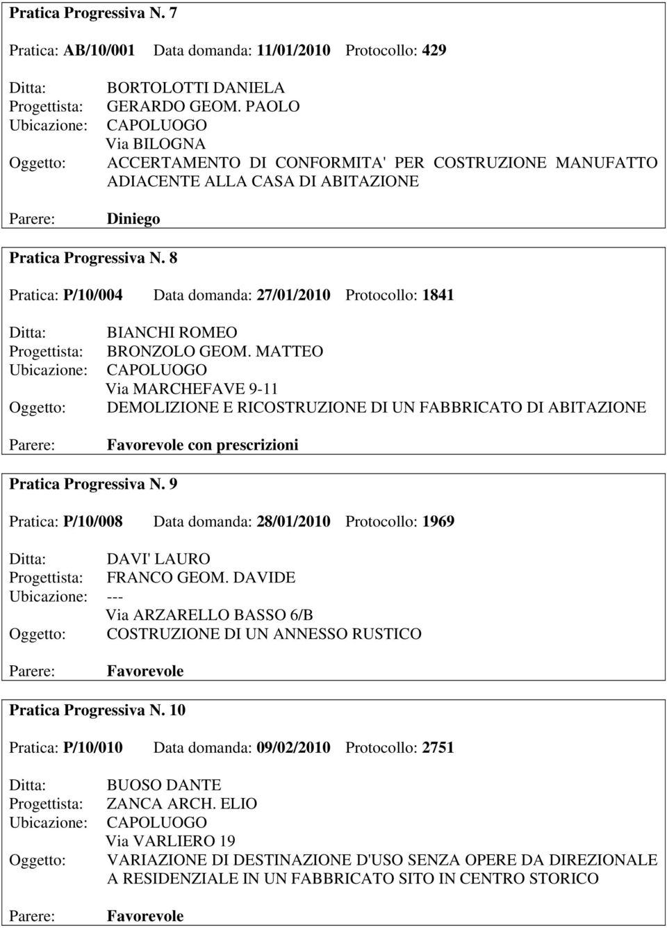 8 Pratica: P/10/004 Data domanda: 27/01/2010 Protocollo: 1841 BIANCHI ROMEO BRONZOLO GEOM.