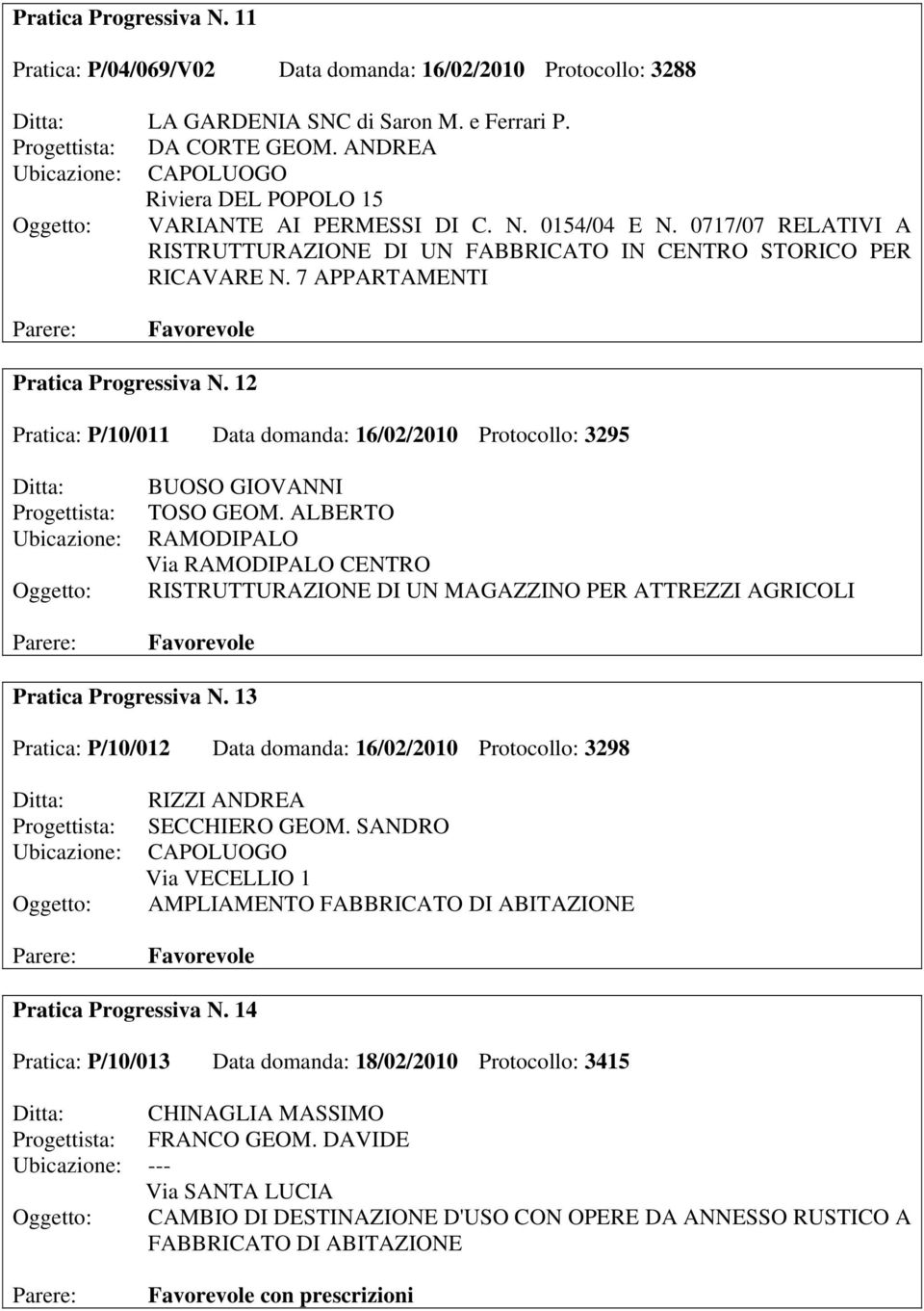 12 Pratica: P/10/011 Data domanda: 16/02/2010 Protocollo: 3295 BUOSO GIOVANNI TOSO GEOM.