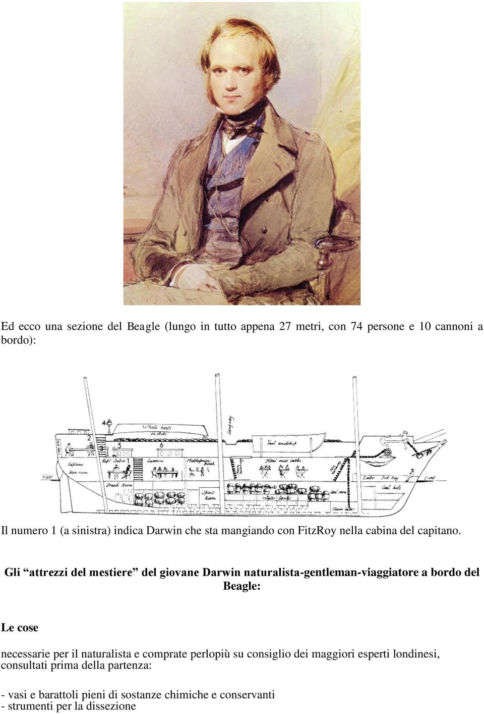 Gli attrezzi del mestiere del giovane Darwin naturalista-gentleman-viaggiatore a bordo del Beagle: Le cose necessarie per il