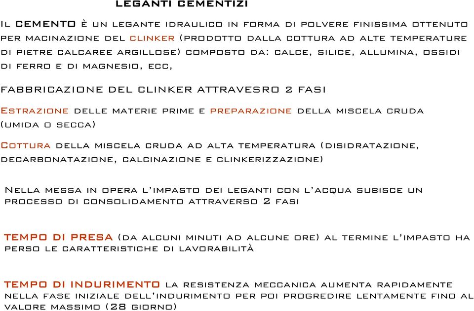 Cottura della miscela cruda ad alta temperatura (disidratazione, decarbonatazione, calcinazione e clinkerizzazione) Nella messa in opera l impasto dei leganti con l acqua subisce un processo di