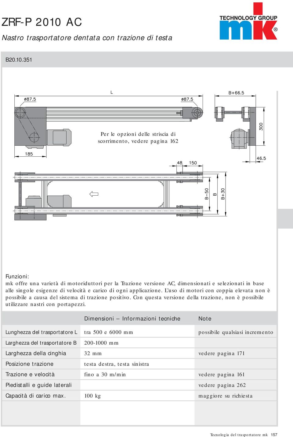 351 Per le opzioni delle striscia di scorrimento, vedere pagina 162 Funzioni: mk offre una varietà di motoriduttori per la Trazione versione AC, dimensionati e selezionati in base alle singole