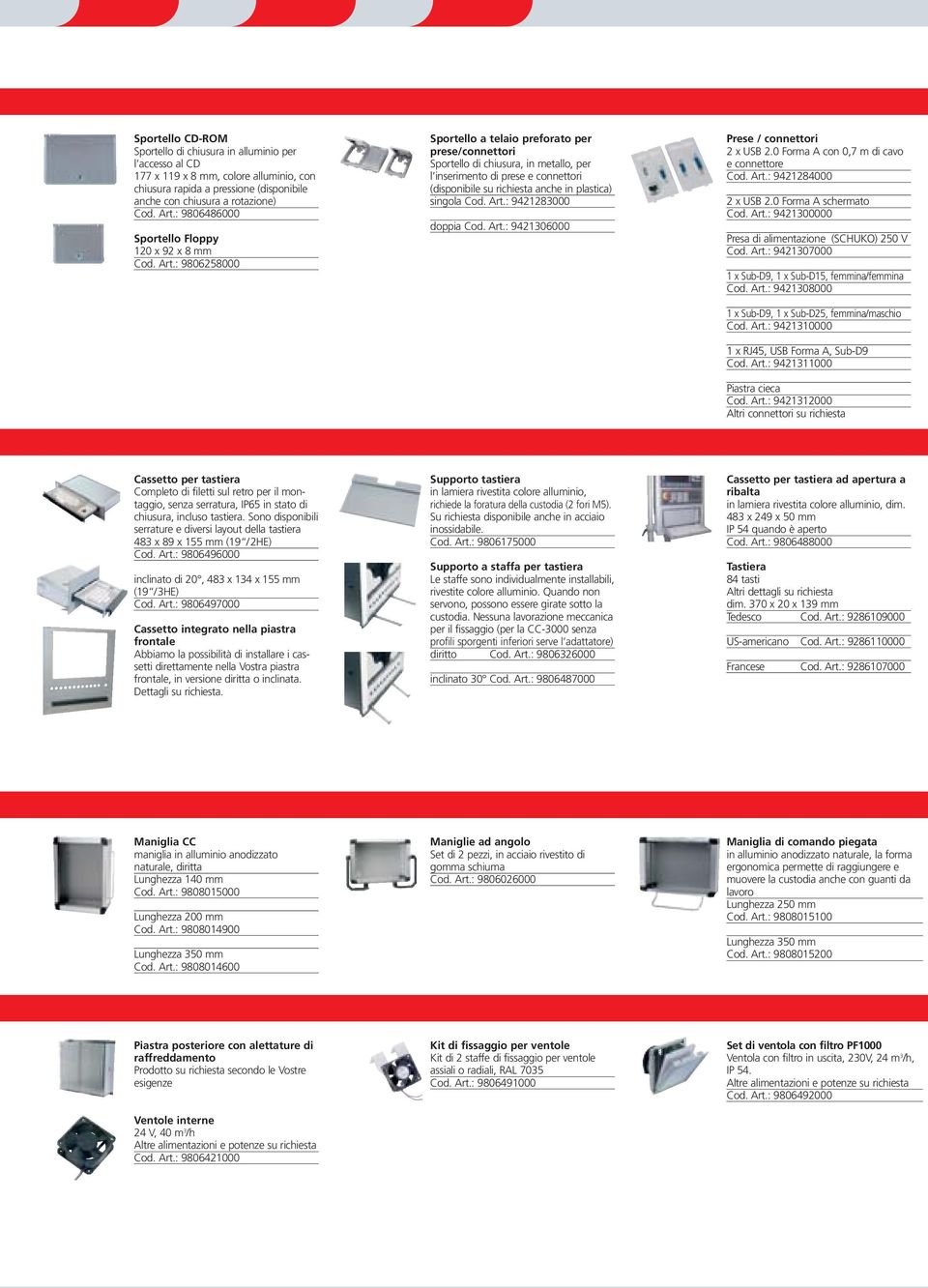 : 9806258000 Sportello a telaio preforato per prese/connettori Sportello di chiusura, in metallo, per l inserimento di prese e connettori (disponibile su richiesta anche in plastica) singola Cod. Art.