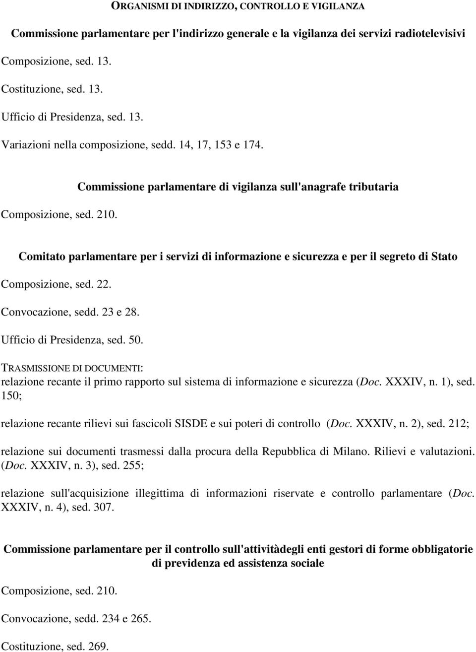 Commissione parlamentare di vigilanza sull'anagrafe tributaria Comitato parlamentare per i servizi di informazione e sicurezza e per il segreto di Stato Composizione, sed. 22. Convocazione, sedd.