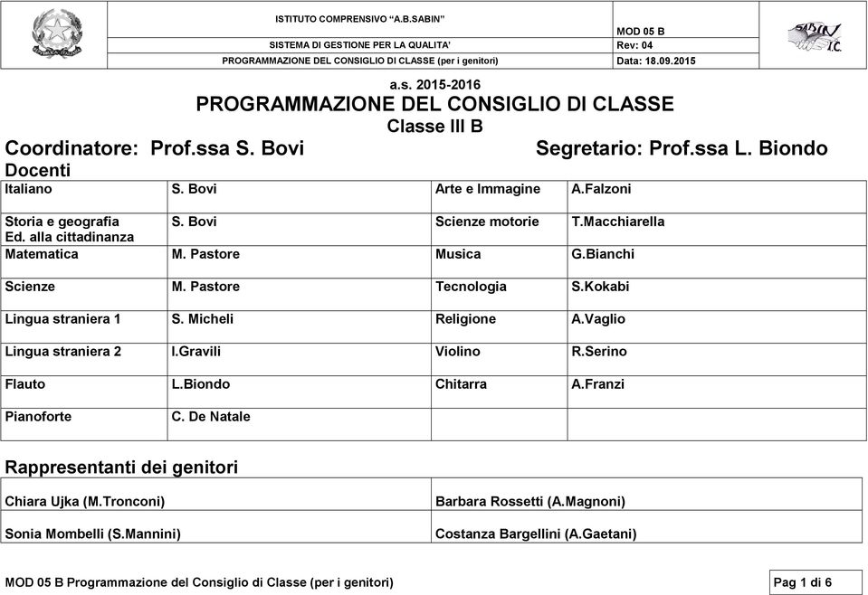 Kokabi Lingua straniera 1 S. Micheli Religione A.Vaglio Lingua straniera I.Gravili Violino R.Serino Flauto L.Biondo Chitarra A.Franzi Segretario: Prof.ssa L. Biondo Pianoforte C.