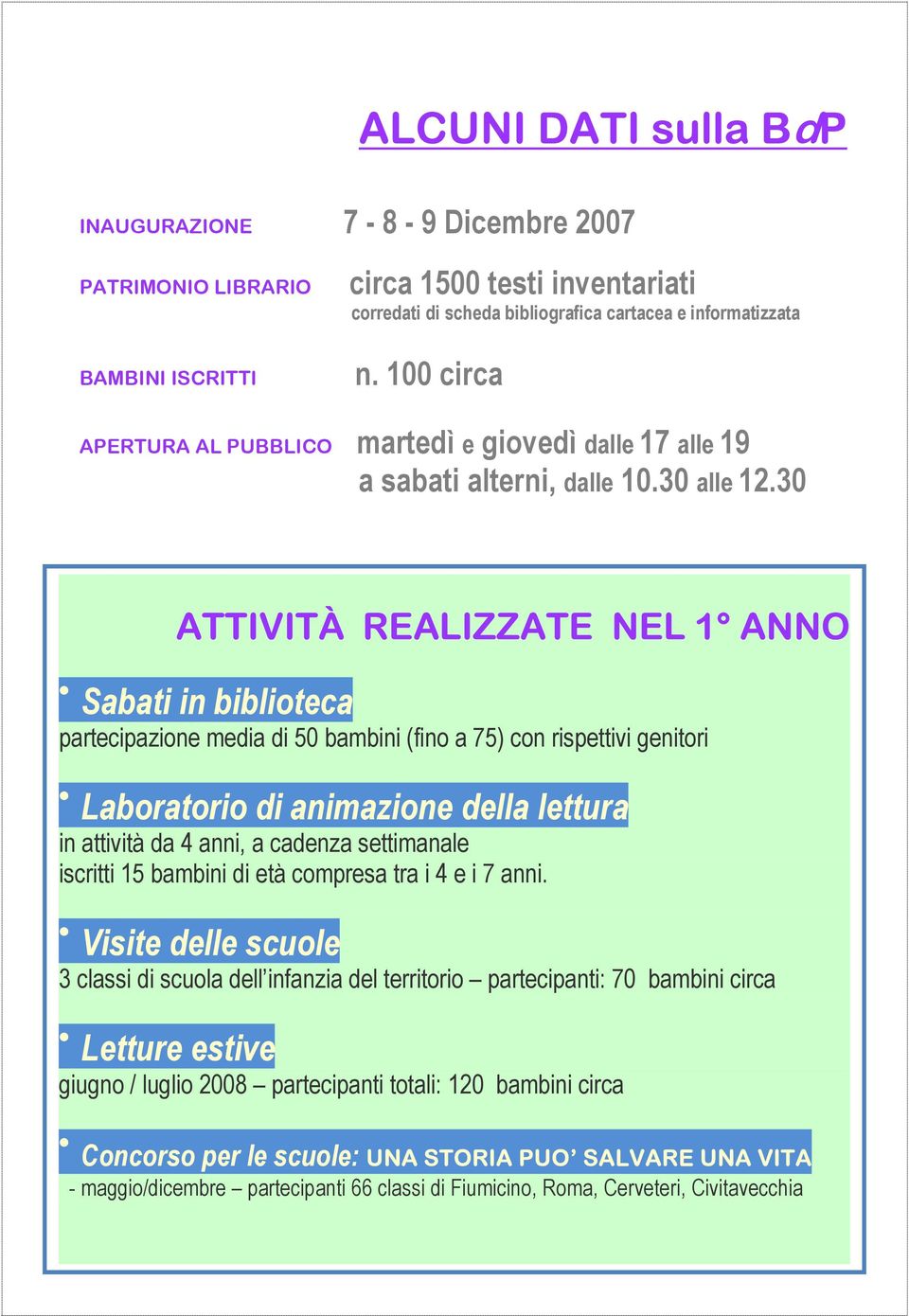 30 ATTIVITÀ REALIZZATE NEL 1 ANNO Sabati in biblioteca partecipazione media di 50 bambini (fino a 75) con rispettivi genitori Laboratorio di animazione della lettura in attività da 4 anni, a cadenza