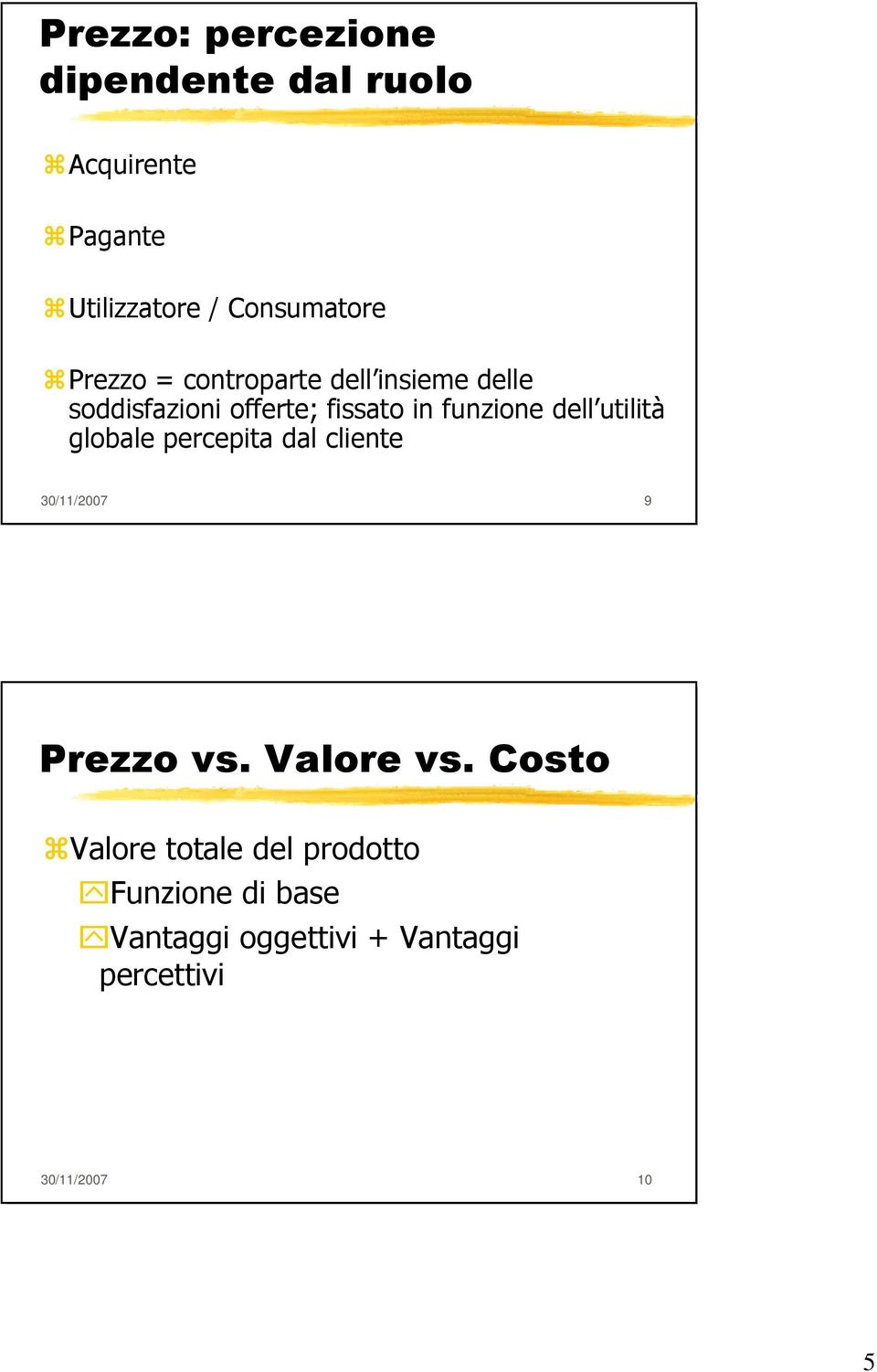 utilità globale percepita dal cliente 30/11/2007 9 Prezzo vs. Valore vs.