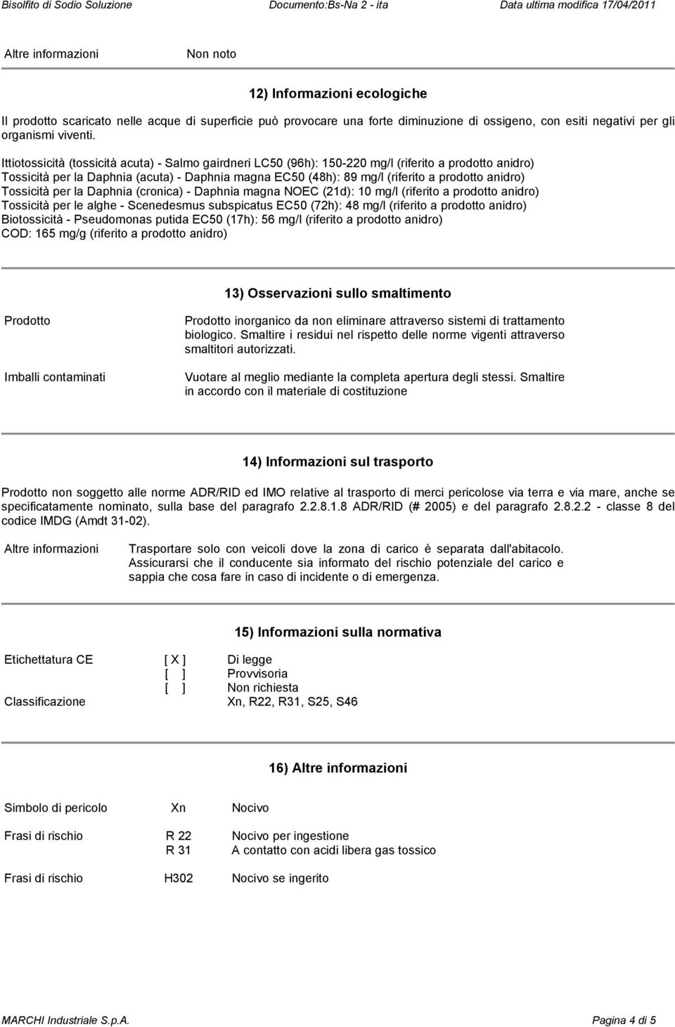 anidro) Tossicità per la Daphnia (cronica) - Daphnia magna NOEC (21d): 10 mg/l (riferito a prodotto anidro) Tossicità per le alghe - Scenedesmus subspicatus EC50 (72h): 48 mg/l (riferito a prodotto