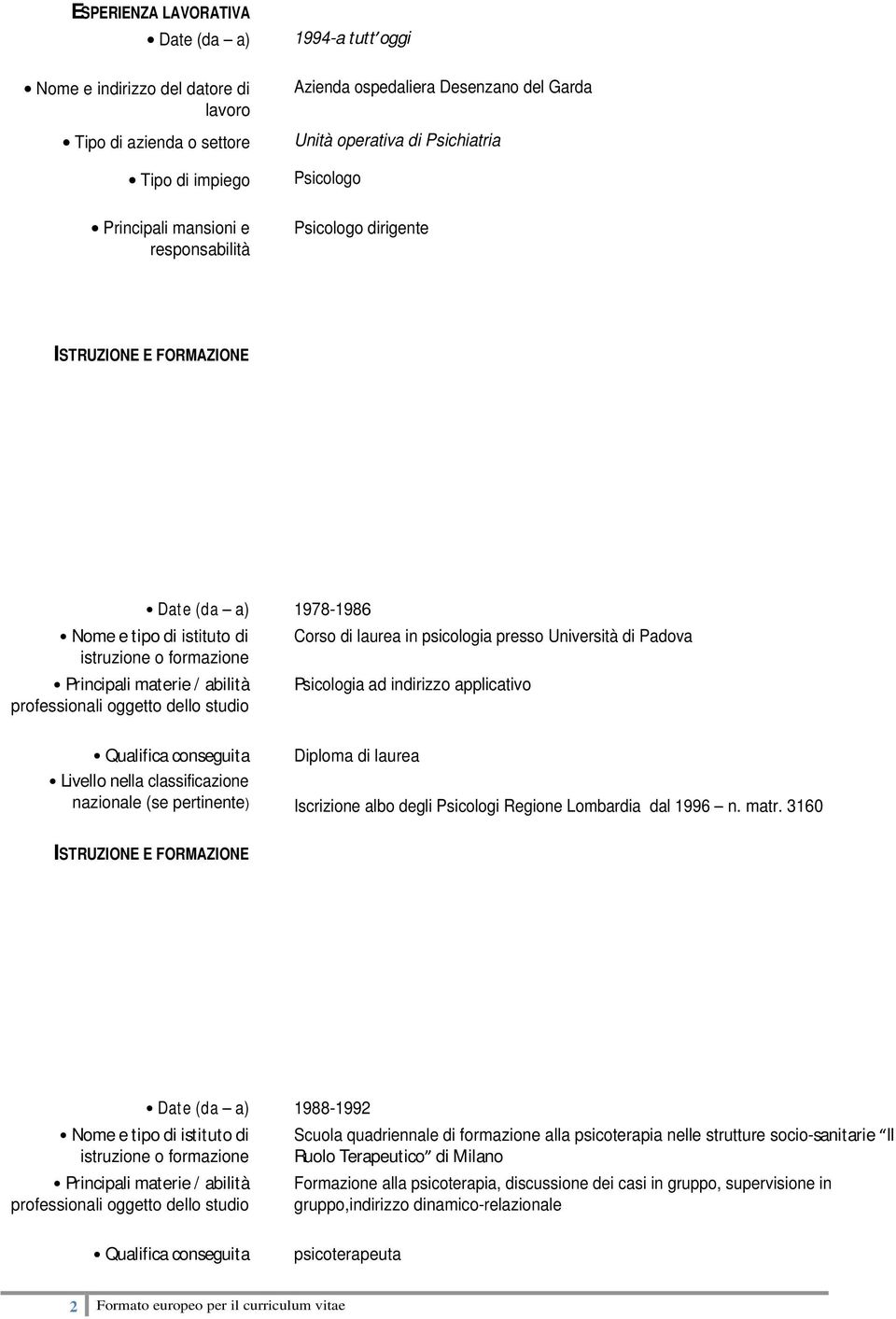Psicologi Regione Lombardia dal 1996 n. matr.