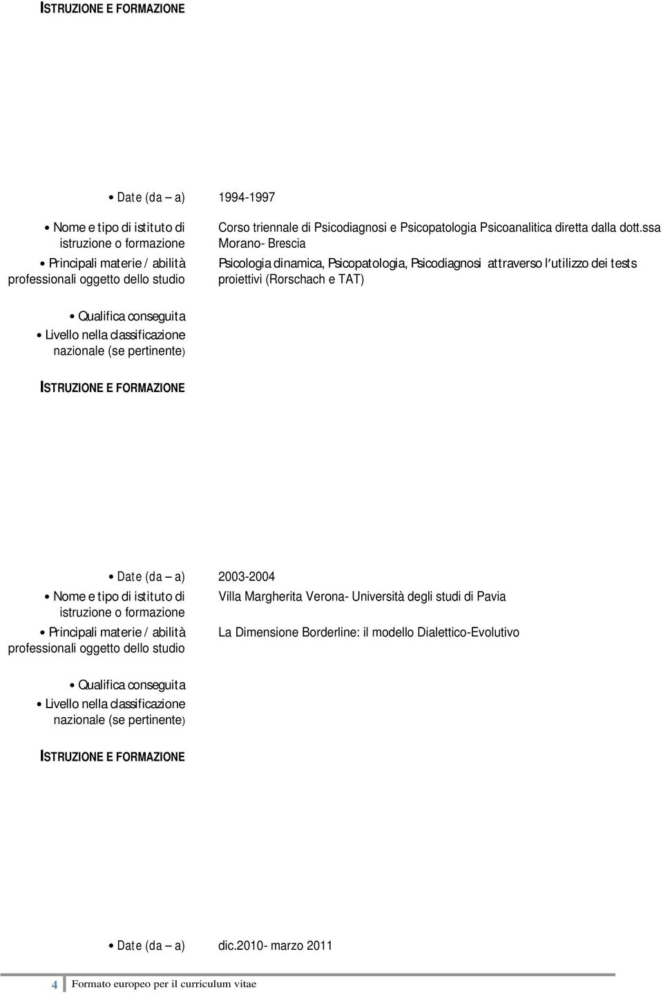 proiettivi (Rorschach e TAT) Dat e (da a) 2003-2004 Villa Margherita Verona- Università degli studi di Pavia La