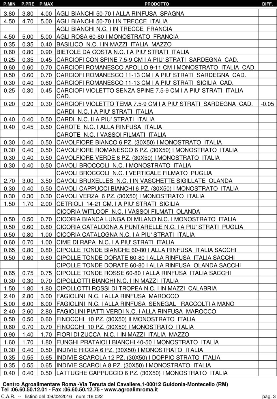 5-9 CM I A PIU' STRATI SARDEGNA CAD. 0.60 0.60 0.70 CARCIOFI ROMANESCO APOLLO 9-11 CM I MONOSTRATO ITALIA CAD. 0.50 0.60 0.70 CARCIOFI ROMANESCO 11-13 CM I A PIU' STRATI SARDEGNA CAD. 0.30 0.40 0.