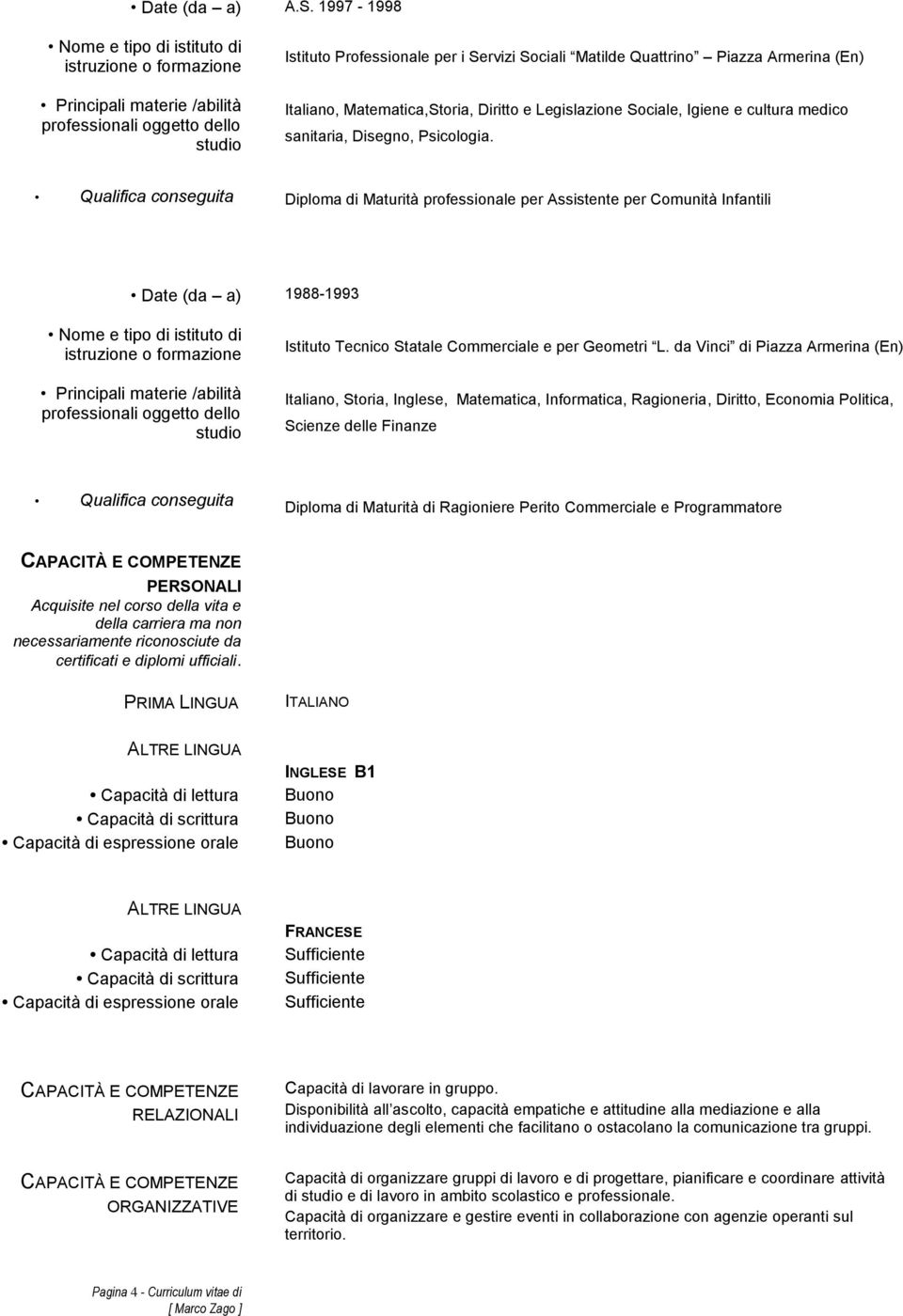 da Vinci di Piazza Armerina (En) Italiano, Storia, Inglese, Matematica, Informatica, Ragioneria, Diritto, Economia Politica, Scienze delle Finanze Diploma di Maturità di Ragioniere Perito Commerciale