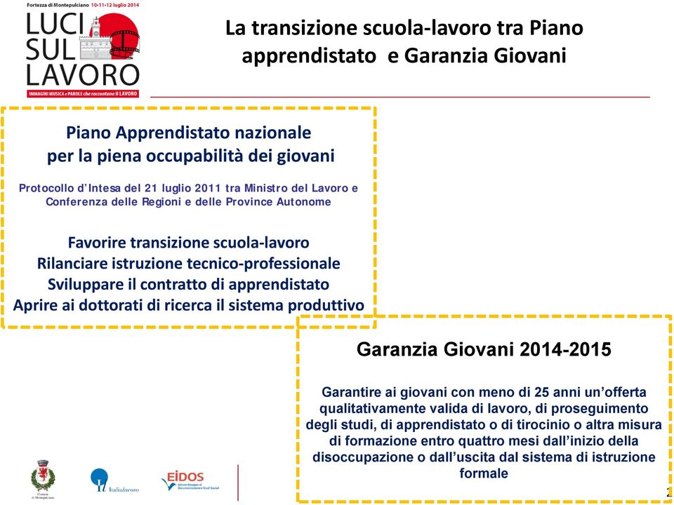 apprendistato Aprire ai dottorati di ricerca il sistema produttivo Garanzia Giovani 2014-2015 Garantire ai giovani con meno di 25 anni un offerta qualitativamente valida di lavoro, di