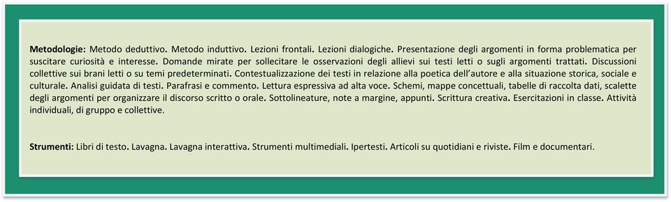 Contestualizzazione dei testi in relazione alla poetica dell autore e alla situazione storica, sociale e culturale. Analisi guidata di testi. Parafrasi e commento. Lettura espressiva ad alta voce.