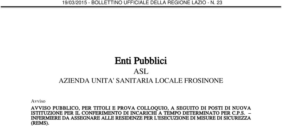 ISTITUZIONE PER IL CONFERIMENTO DI INCARICHI A TEMPO DETERMINATO PER C.P.S.