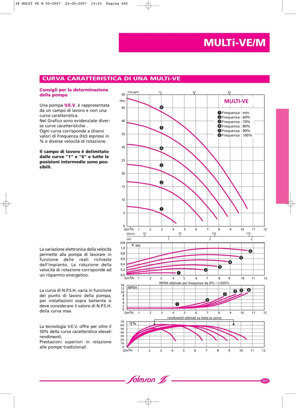 Il campo di lavoro è delimitato dalle curve "" e "" e tutte le posizioni intermedie sono possibili. Hm Imp.gpm MULTI-VE Frequenza : min.