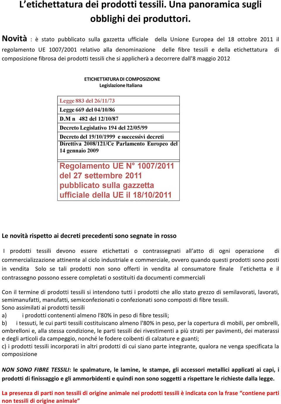 composizione fibrosa dei prodotti tessili che si applicherà a decorrere dall 8 maggio 2012 ETICHETTATURA DI COMPOSIZIONE Legislazione Italiana Legge 883 del 26/11/73 Legge 669 del 04/10/86 D.