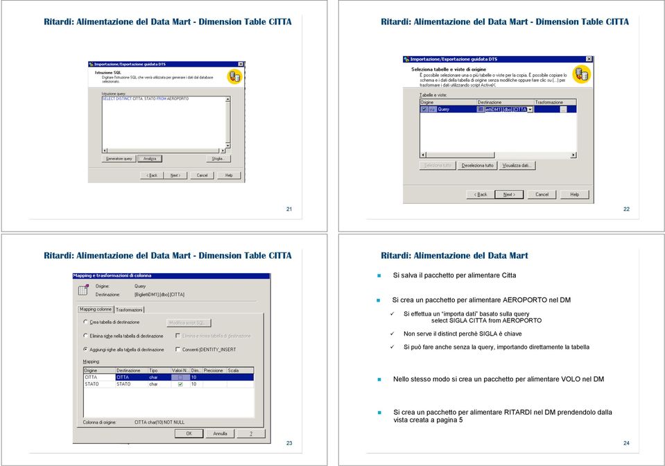Si crea un pacchetto per alimentare AEROPORTO nel DM " Si effettua un importa dati basato sulla query select SIGLA CITTA from AEROPORTO " Non serve il distinct perchè SIGLA