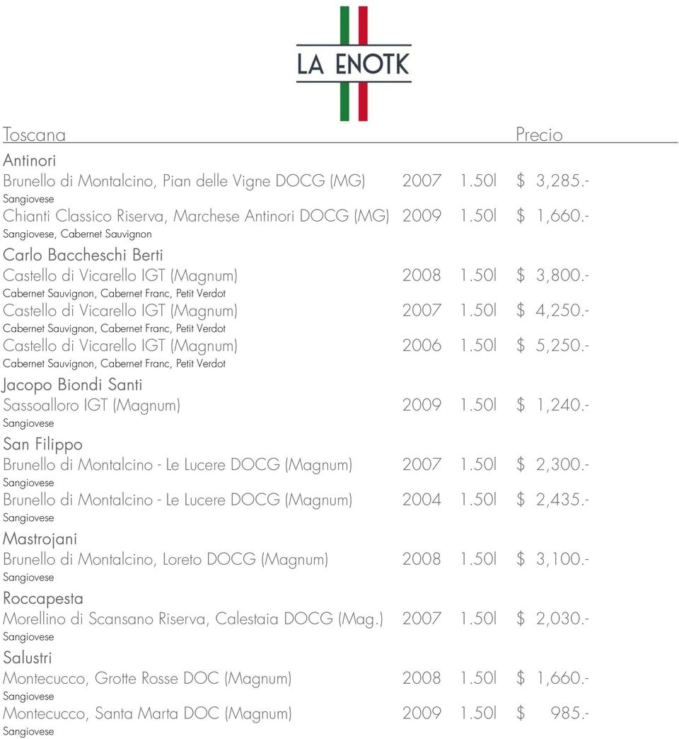 50l $ 4,250.- Cabernet Sauvignon, Cabernet Franc, Petit Verdot Castello di Vicarello IGT (Magnum) 2006 1.50l $ 5,250.
