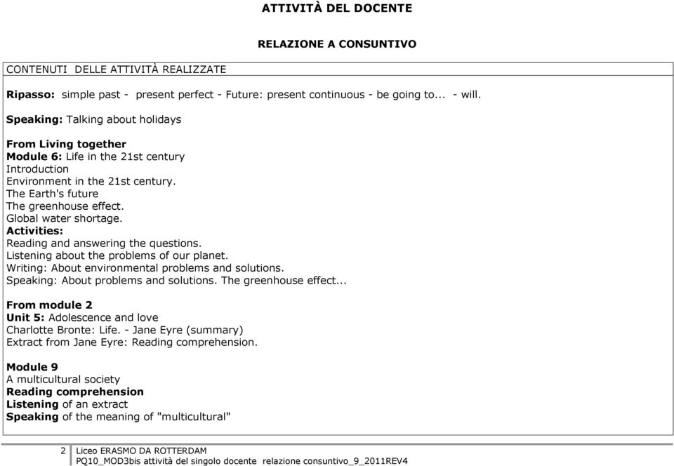 Activities: Reading and answering the questions. Listening about the problems of our planet. Writing: About environmental problems and solutions. Speaking: About problems and solutions.