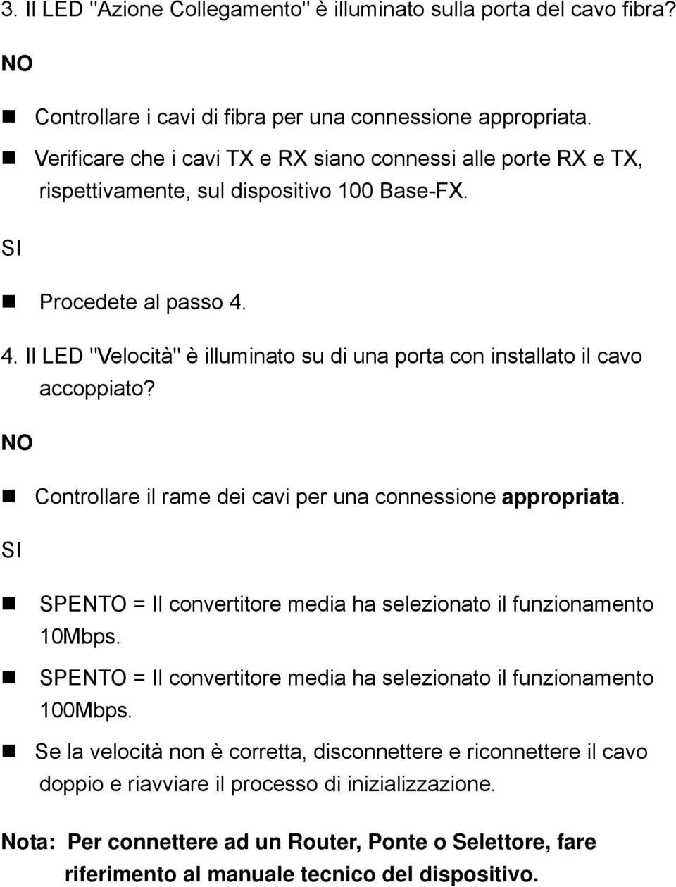 4. Il LED "Velocità" è illuminato su di una porta con installato il cavo accoppiato? Controllare il rame dei cavi per una connessione appropriata.