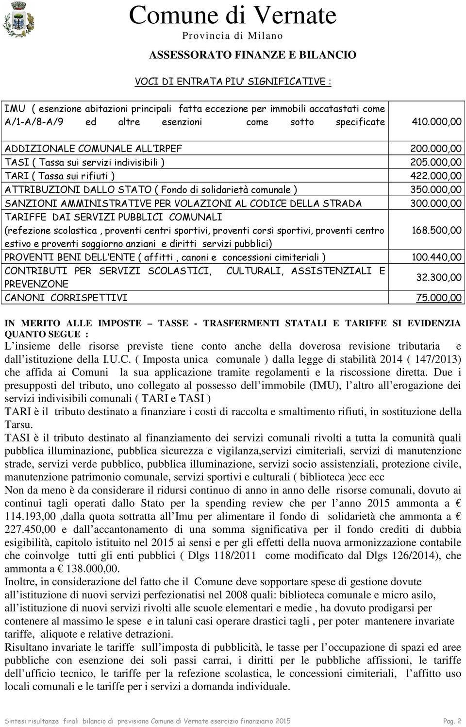 000,00 ATTRIBUZIONI DALLO STATO ( Fondo di solidarietà comunale ) 350.000,00 SANZIONI AMMINISTRATIVE PER VOLAZIONI AL CODICE DELLA STRADA 300.