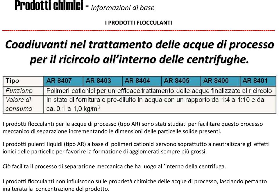 I prodotti pulenti liquidi (tipo AR) a base di polimeri cationici servono soprattutto a neutralizzare gli effetti ionici delle particelle per favorire la formazione di agglomerati sempre piùgrossi.