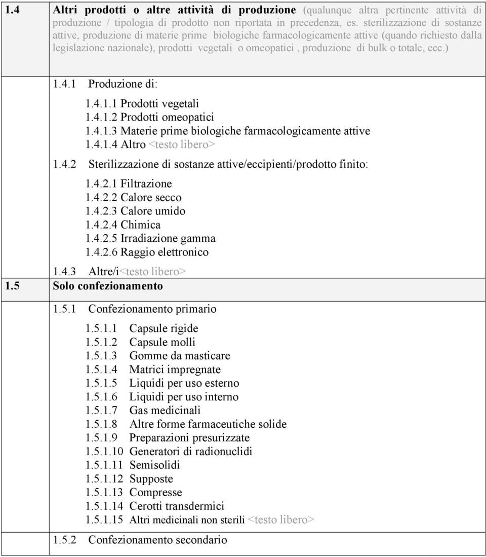 bulk o totale, ecc.) 1.4.1 Produzione di: 1.4.1.1 Prodotti vegetali 1.4.1.2 Prodotti omeopatici 1.4.1.3 Materie prime biologiche farmacologicamente attive 1.4.1.4 Altro <testo libero> 1.4.2 Sterilizzazione di sostanze attive/eccipienti/prodotto finito: 1.