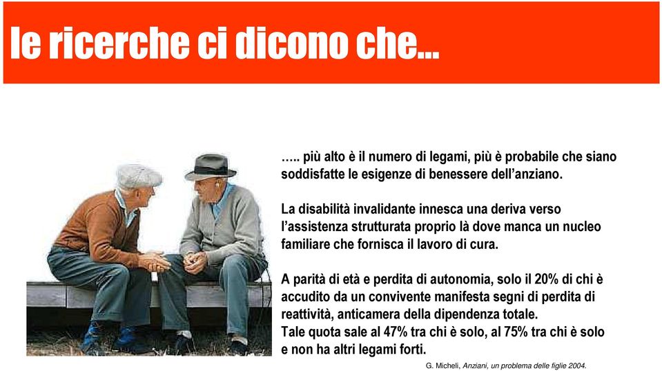 A parità di età e perdita di autonomia, solo il 20% di chi è accudito da un convivente manifesta segni di perdita di reattività, anticamera della