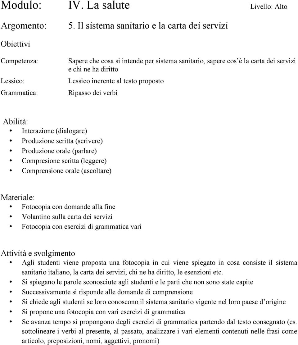 viene spiegato in cosa consiste il sistema sanitario italiano, la carta dei servizi, chi ne ha diritto, le esenzioni etc.