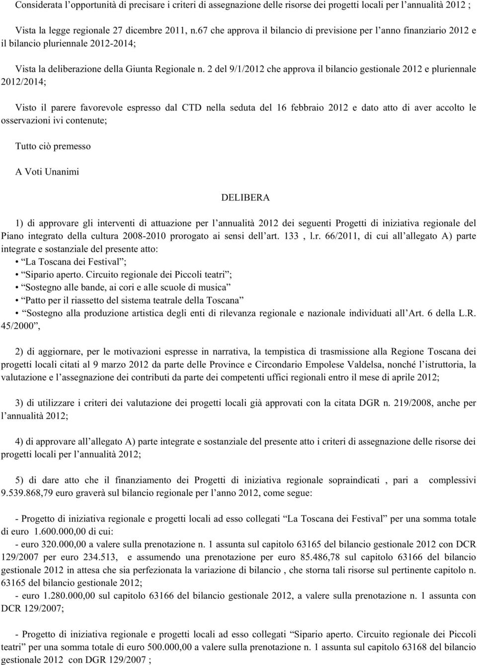 2 del 9/1/2012 che approva il bilancio gestionale 2012 e pluriennale 2012/2014; Visto il parere favorevole espresso dal CTD nella seduta del 16 febbraio 2012 e dato atto di aver accolto le