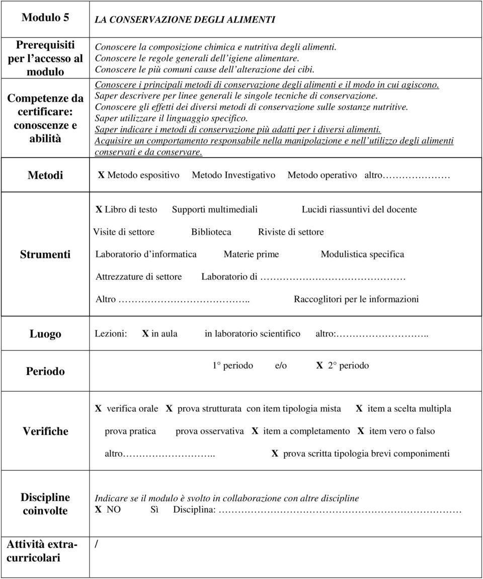 Saper descrivere per linee generali le singole tecniche di conservazione. Conoscere gli effetti dei diversi metodi di conservazione sulle sostanze nutritive. Saper utilizzare il linguaggio specifico.