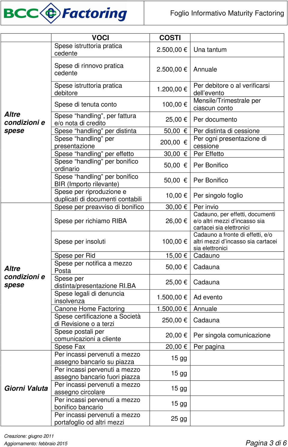 200,00 debitore dell evento Spese di tenuta conto 100,00 Mensile/Trimestrale per ciascun conto Spese handling, per fattura e/o nota di credito 25,00 Per documento Spese handling per distinta 50,00