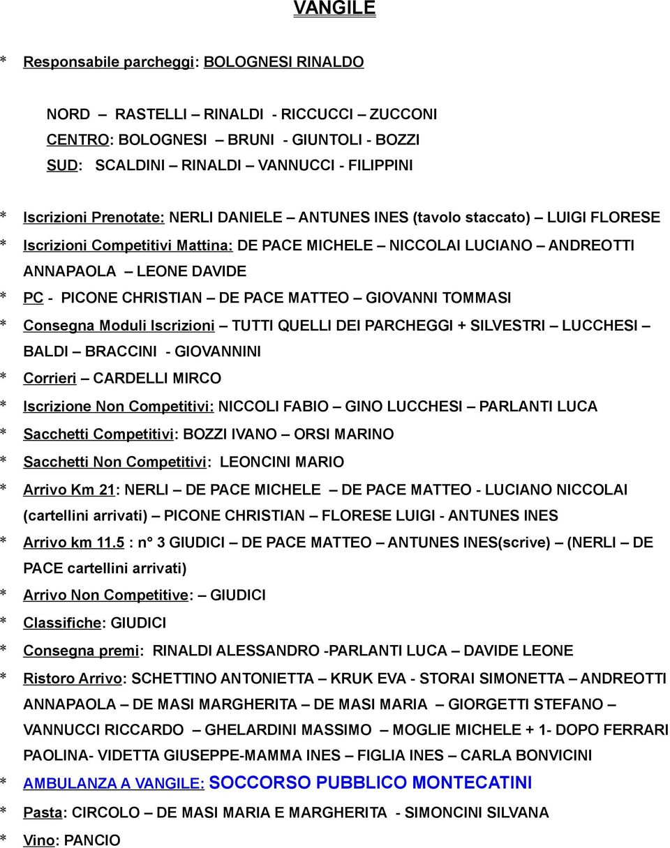 PACE MATTEO GIOVANNI TOMMASI * Consegna Moduli Iscrizioni TUTTI QUELLI DEI PARCHEGGI + SILVESTRI LUCCHESI BALDI BRACCINI - GIOVANNINI * Corrieri CARDELLI MIRCO * Iscrizione Non Competitivi: NICCOLI