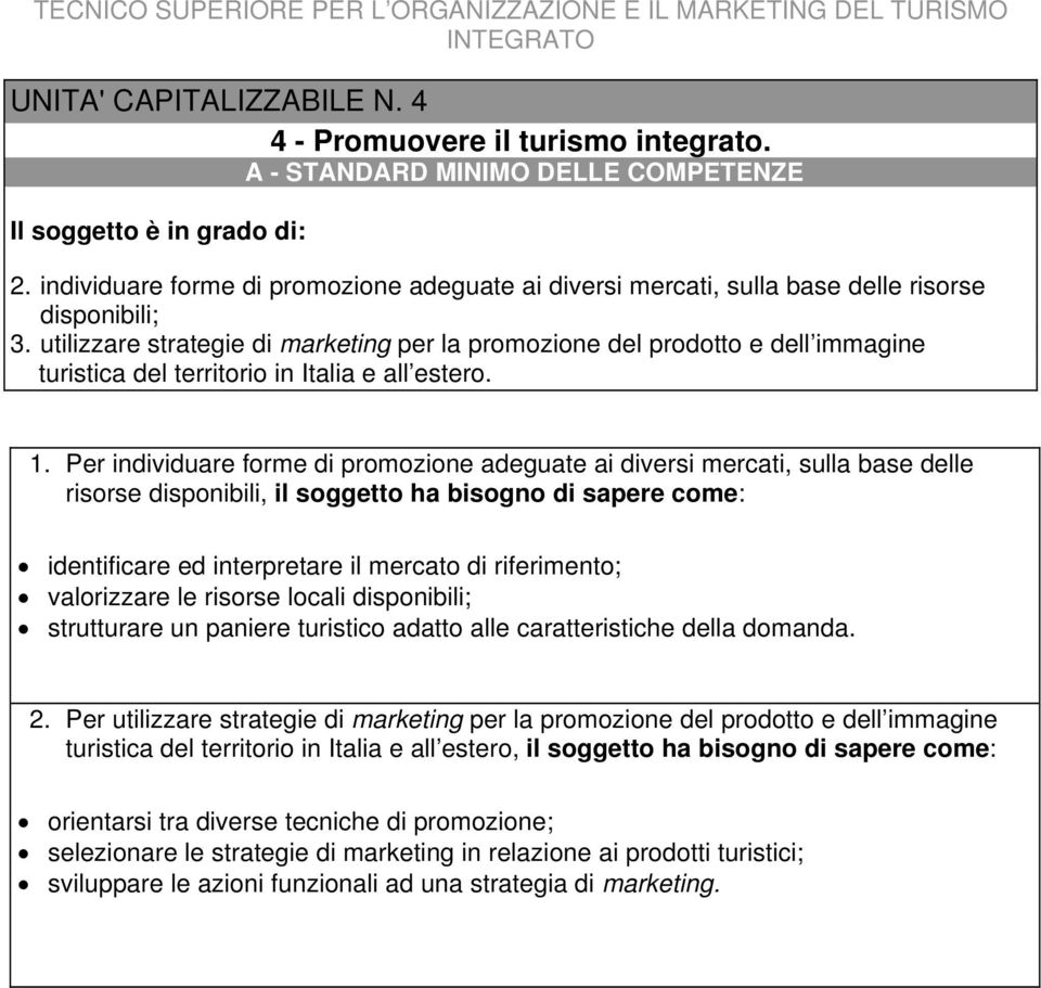 utilizzare strategie di marketing per la promozione del prodotto e dell immagine turistica del territorio in Italia e all estero. 1.