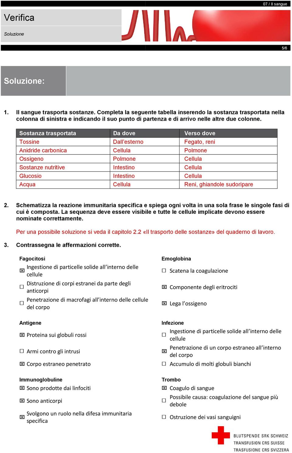 Sostanza trasportata Da dove Verso dove Tossine Dall esterno Fegato, reni Anidride carbonica Cellula Polmone Ossigeno Polmone Cellula Sostanze nutritive Intestino Cellula Glucosio Intestino Cellula