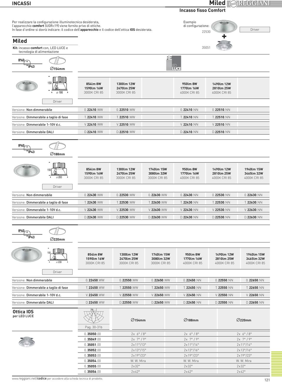 Kit: incasso comfort con, LED LUCE e tecnologia di alimentazione Esempio di configurazione: 22530 35051 + ø154mm 150 ø 166 Versione: Non dimmerabile 0.22410.WW 0.22510.WW 0.22410.NN 0. 22510.