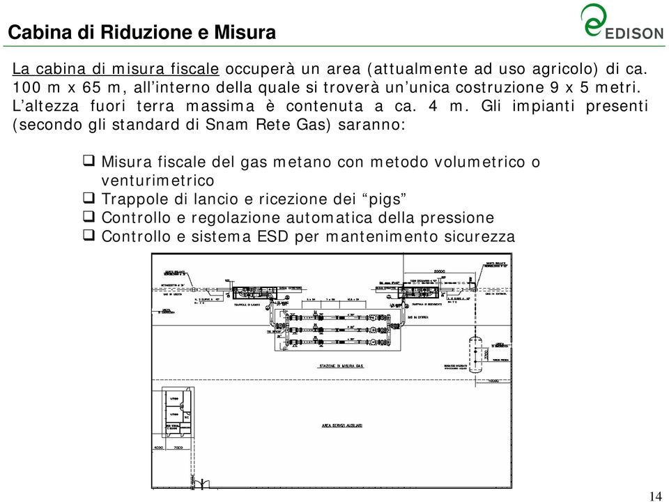 4 m. Gli impianti presenti (secondo gli standard di Snam Rete Gas) saranno: Misura fiscale del gas metano con metodo volumetrico o