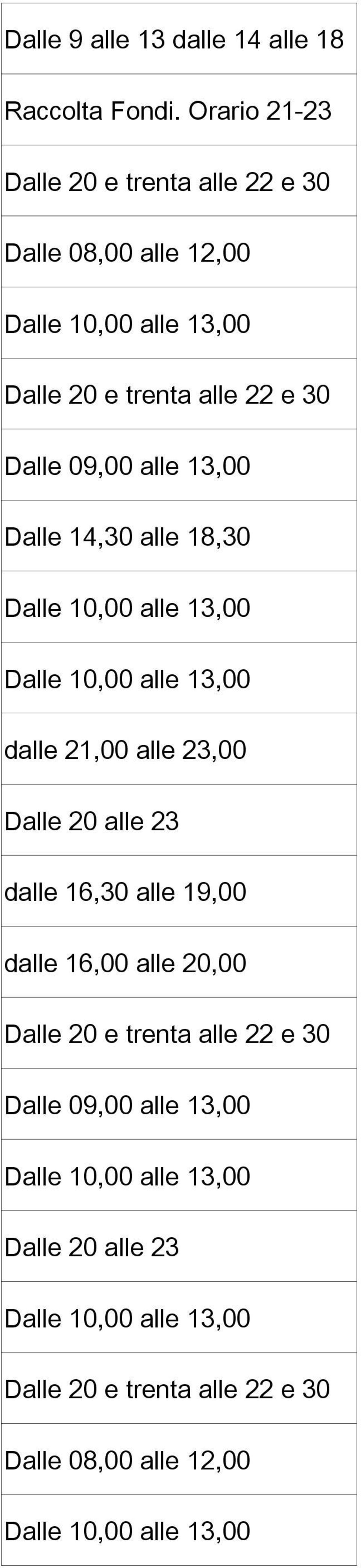 14,30 alle 18,30 dalle 21,00 alle 23,00 Dalle 20 alle 23 dalle 16,30