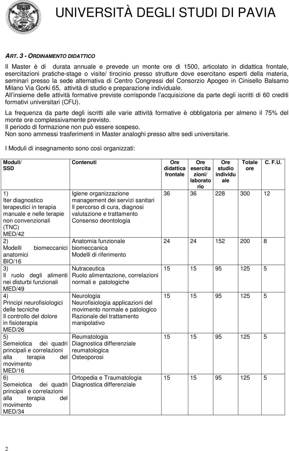 All insieme delle attività formative previste corrisponde l acquisizione da parte degli iscritti di 60 crediti formativi universitari (CFU).