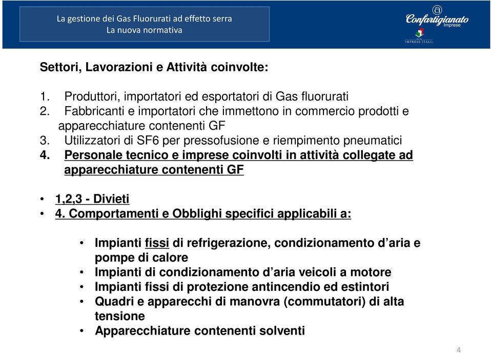 Personale tecnico e imprese coinvolti in attività collegate ad apparecchiature contenenti GF 1,2,3 - Divieti 4.