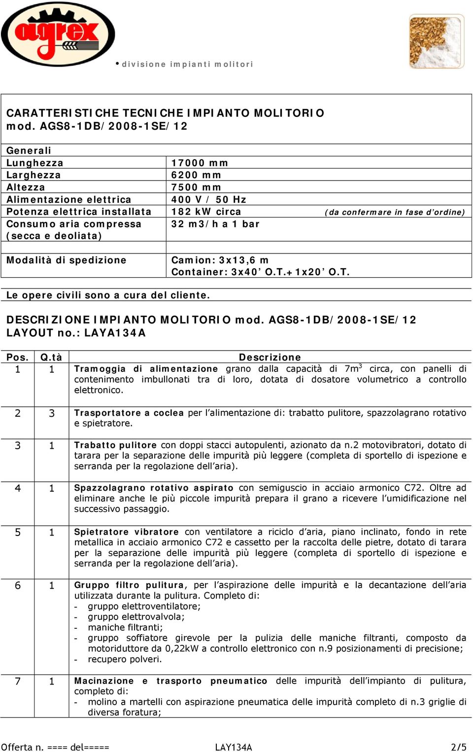 Consumo aria compressa (secca e deoliata) 32 m3/h a 1 bar Modalità di spedizione Camion: 3x13,6 m Container: 3x40 O.T.+1x20 O.T. Le opere civili sono a cura del cliente.