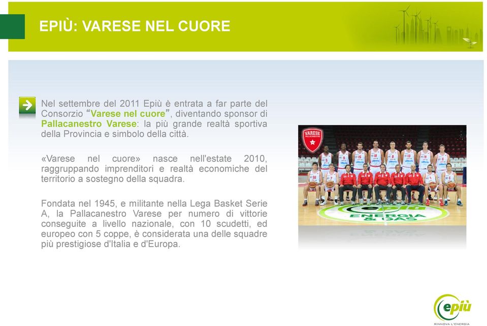 «Varese nel cuore» nasce nell'estate 2010, raggruppando imprenditori e realtà economiche del territorio a sostegno della squadra.