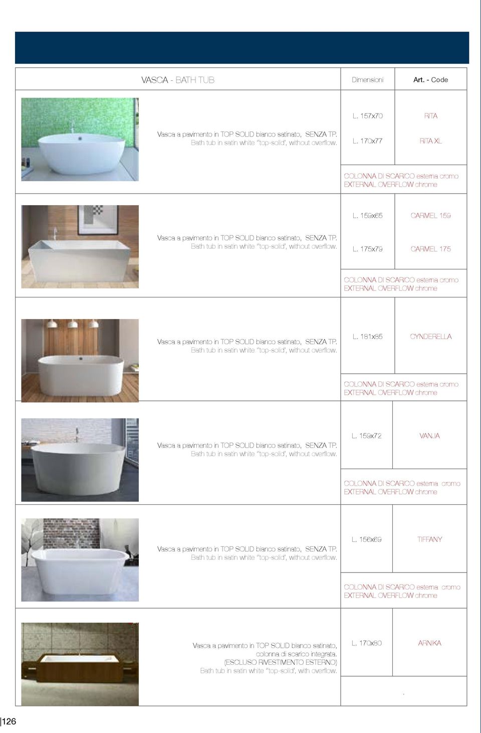 Bath tub in satin white top-solid, without overflow. L. 175x79 CARMEL 175 COLONNA DI SCARICO esterna cromo EXTERNAL OVERFLOW chrome Vasca a pavimento in TOP SOLID bianco satinato, SENZA TP.
